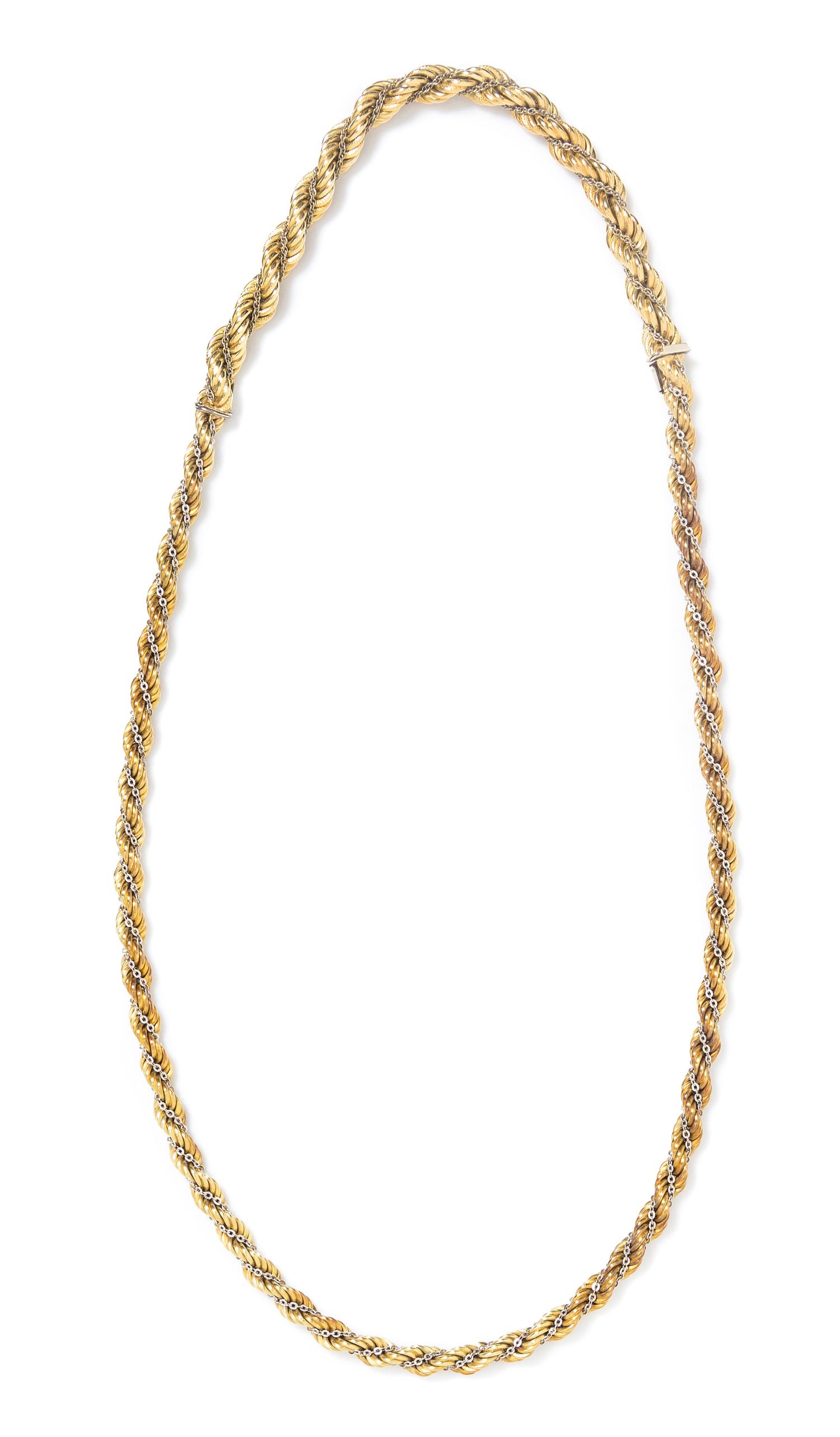 A 14 Karat Two Tone Gold Rope Chain Necklace, Italy, 63.60 dwts.