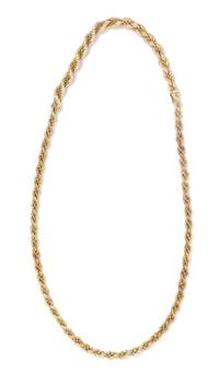 A 14 Karat Two Tone Gold Rope Chain Necklace, Italy, 63.60 dwts.