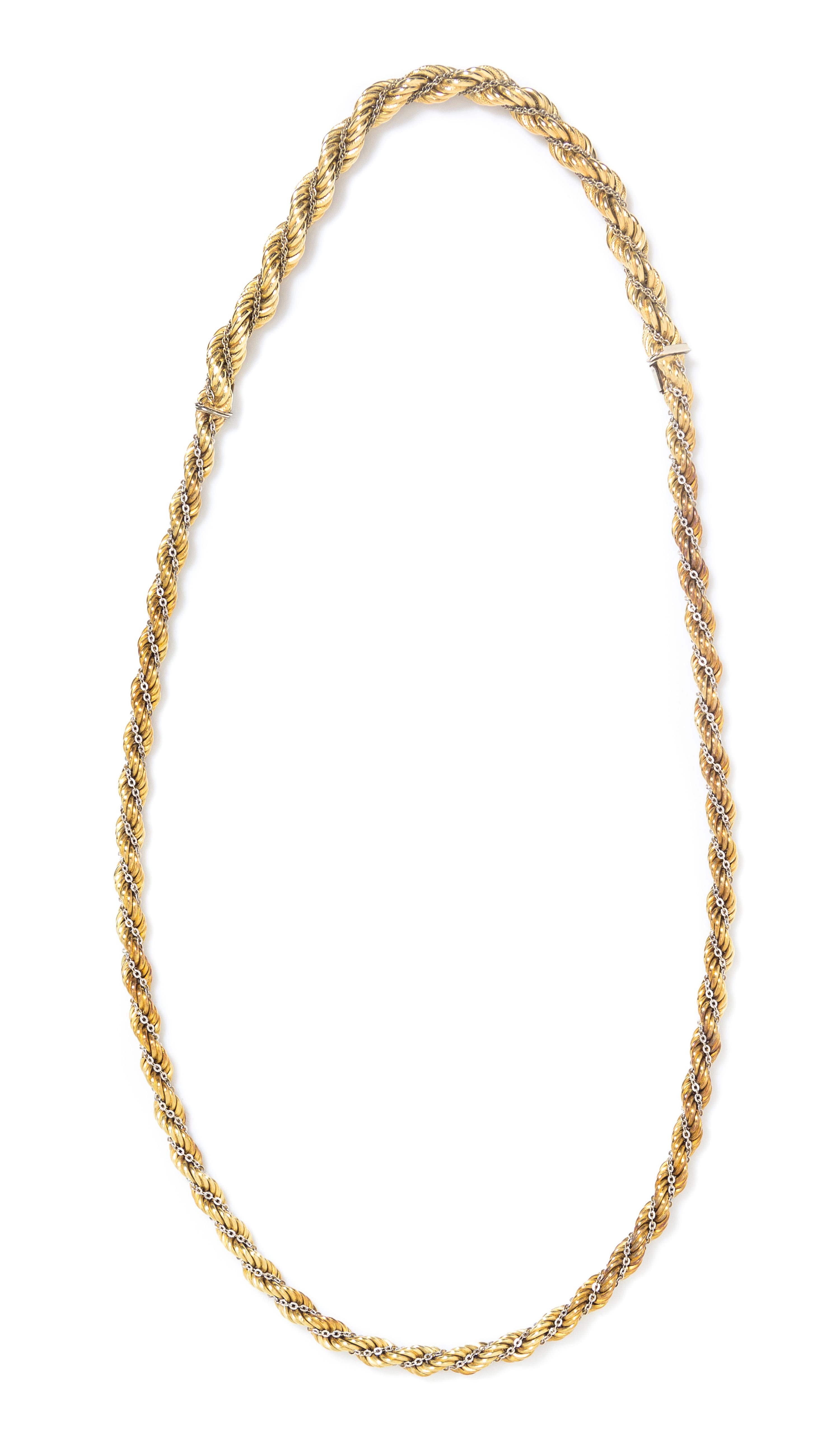 A 14 Karat Two Tone Gold Rope Chain Necklace, Italy, 63.60 dwts.