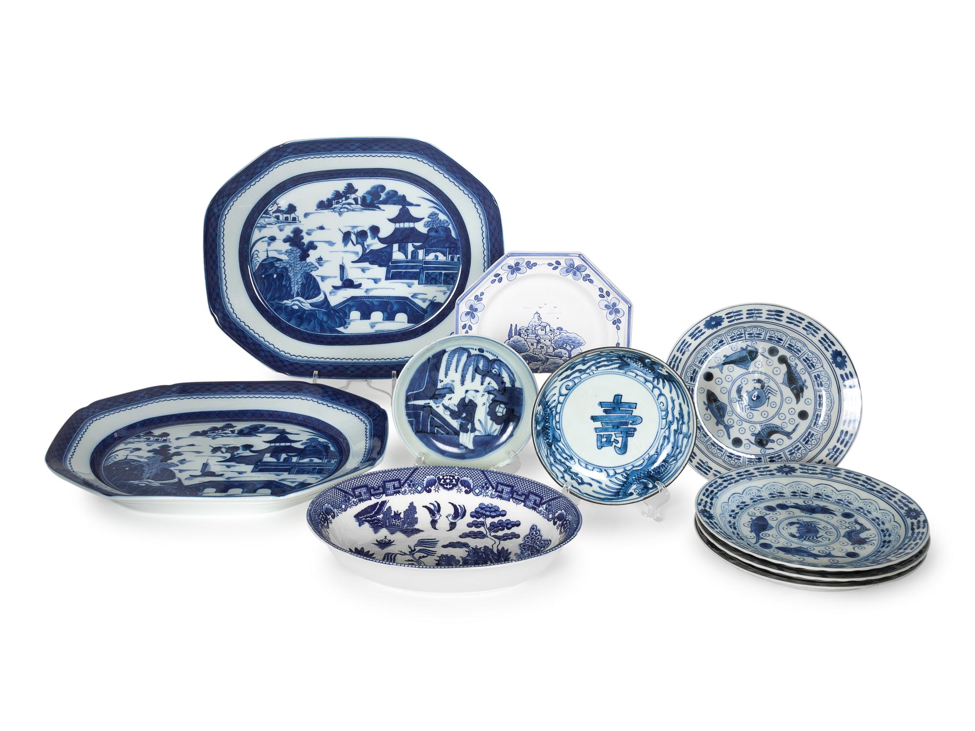 An Assembled Group of Chinese Blue and White Porcelain Plates and Low Bowls — 20TH CENTURY