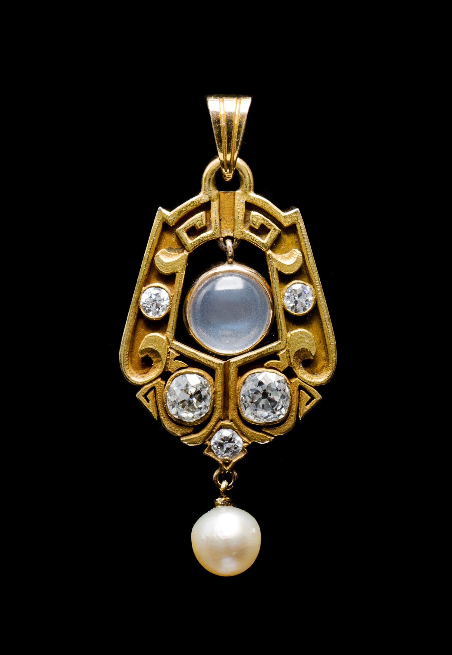 An Arts and Crafts Yellow Gold, Moonstone, Diamond and Pearl Pendant, 5.10 dwts.