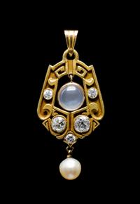 An Arts and Crafts Yellow Gold, Moonstone, Diamond and Pearl Pendant, 5.10 dwts.