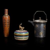 A Japanese mixed-metal vase, a small silver ewer, and a striped cloisonné box and cover Late Edo to Meiji/Taisho period