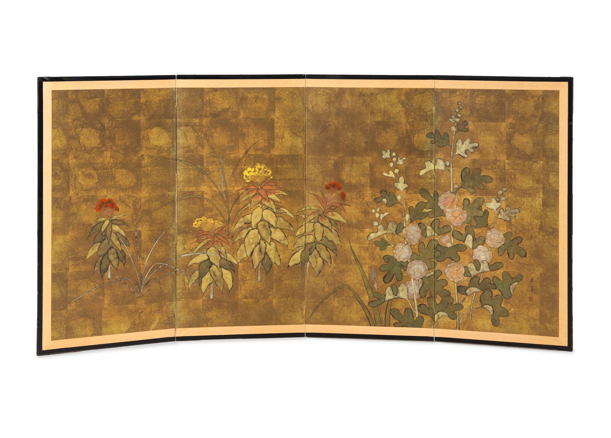 Two Japanese Painted Screens