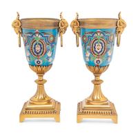 A Pair of Continental Gilt Bronze and Enamel Urns