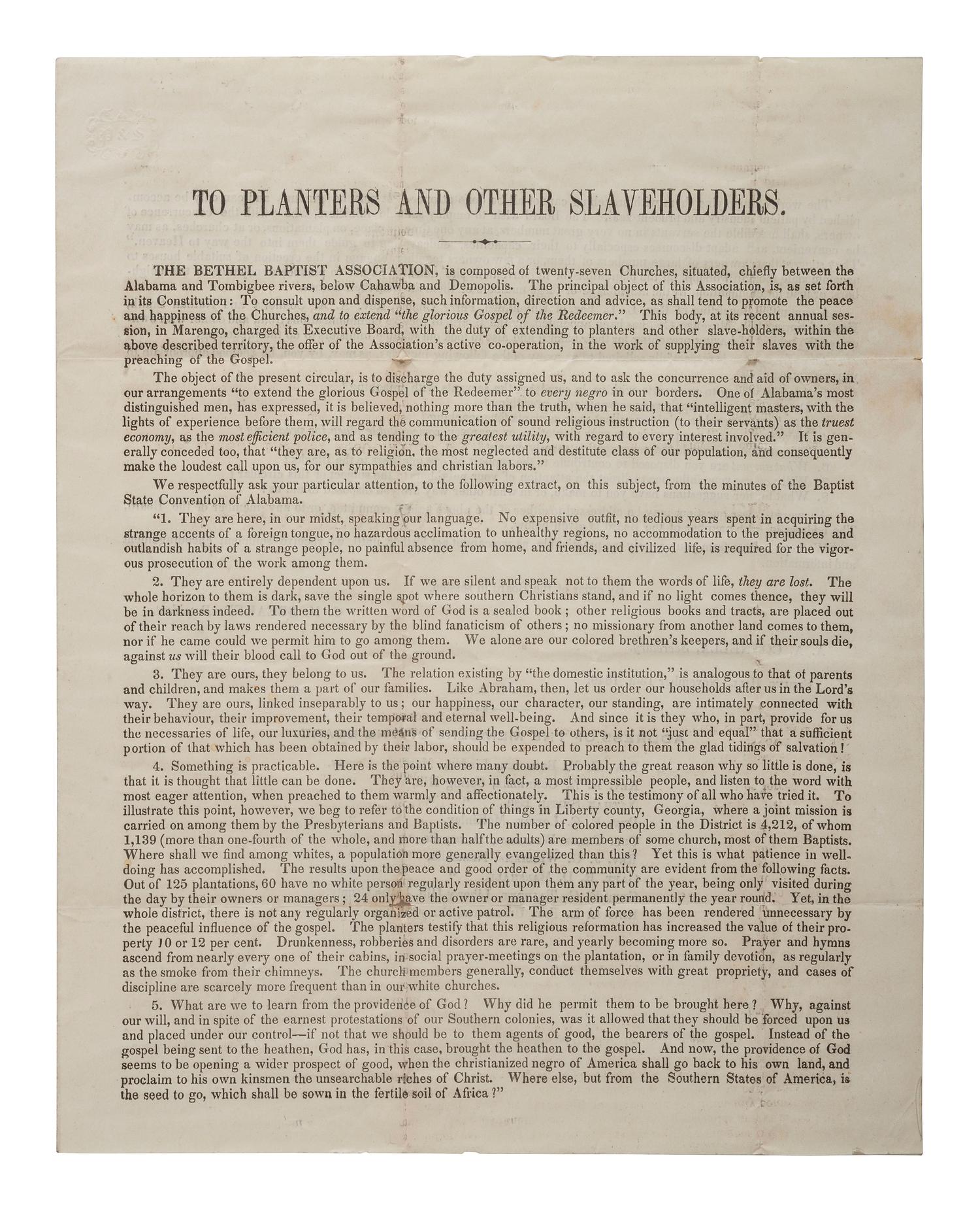 [SLAVERY & ABOLITION]. BREAKER, C.M. To Planters and Other Slaveholders. Spring Hill, AL, 13 November 1849. Handbill to evangelize to enslaved people.