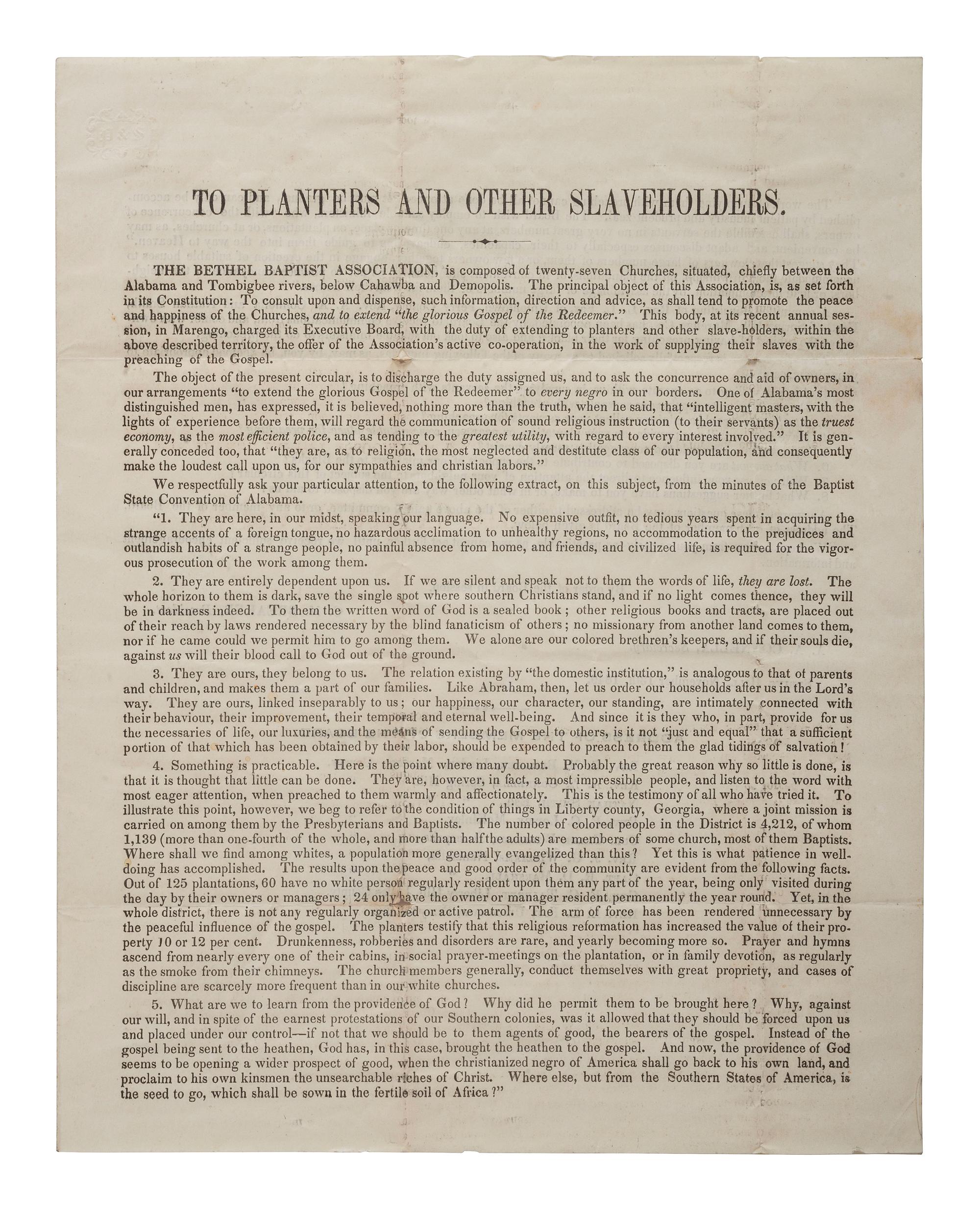[SLAVERY & ABOLITION]. BREAKER, C.M. To Planters and Other Slaveholders. Spring Hill, AL, 13 November 1849. Handbill to evangelize to enslaved people.