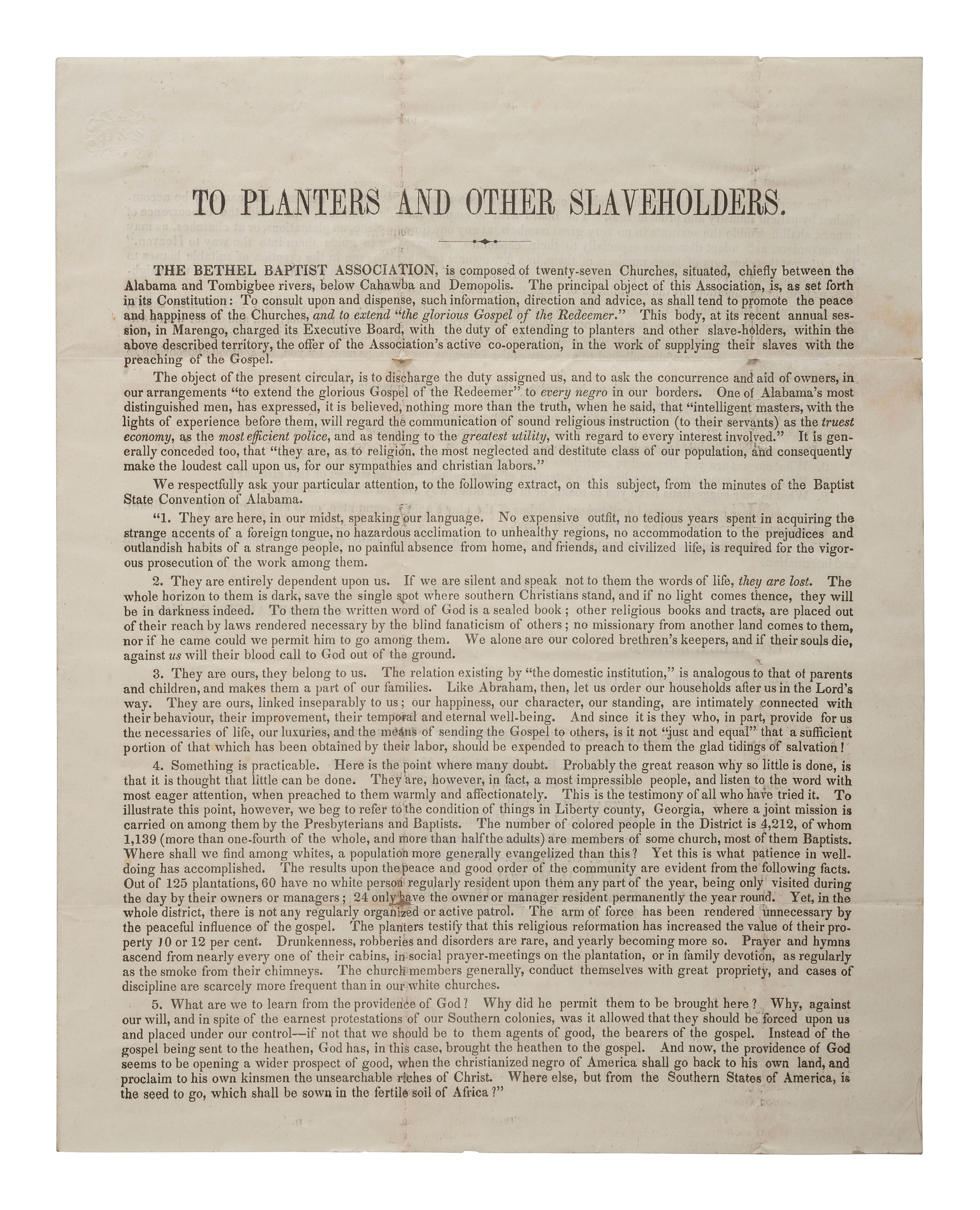 [SLAVERY & ABOLITION]. BREAKER, C.M. To Planters and Other Slaveholders. Spring Hill, AL, 13 November 1849. Handbill to evangelize to enslaved people.