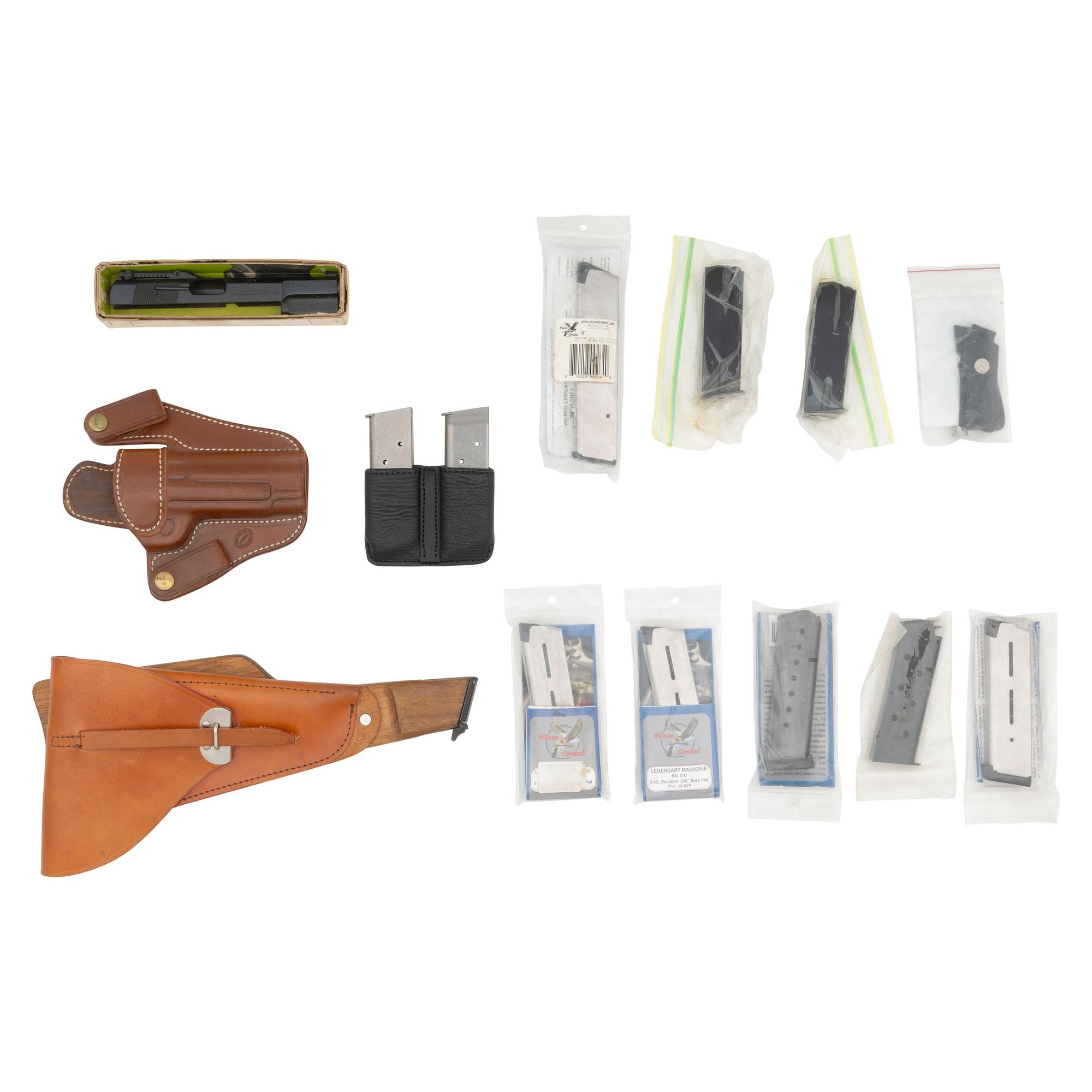 Lot of 1911 and Browning High-Power Pistol Components including Magazines, Holster, Slide, and a Wilson Combat Two-Cell Pouch