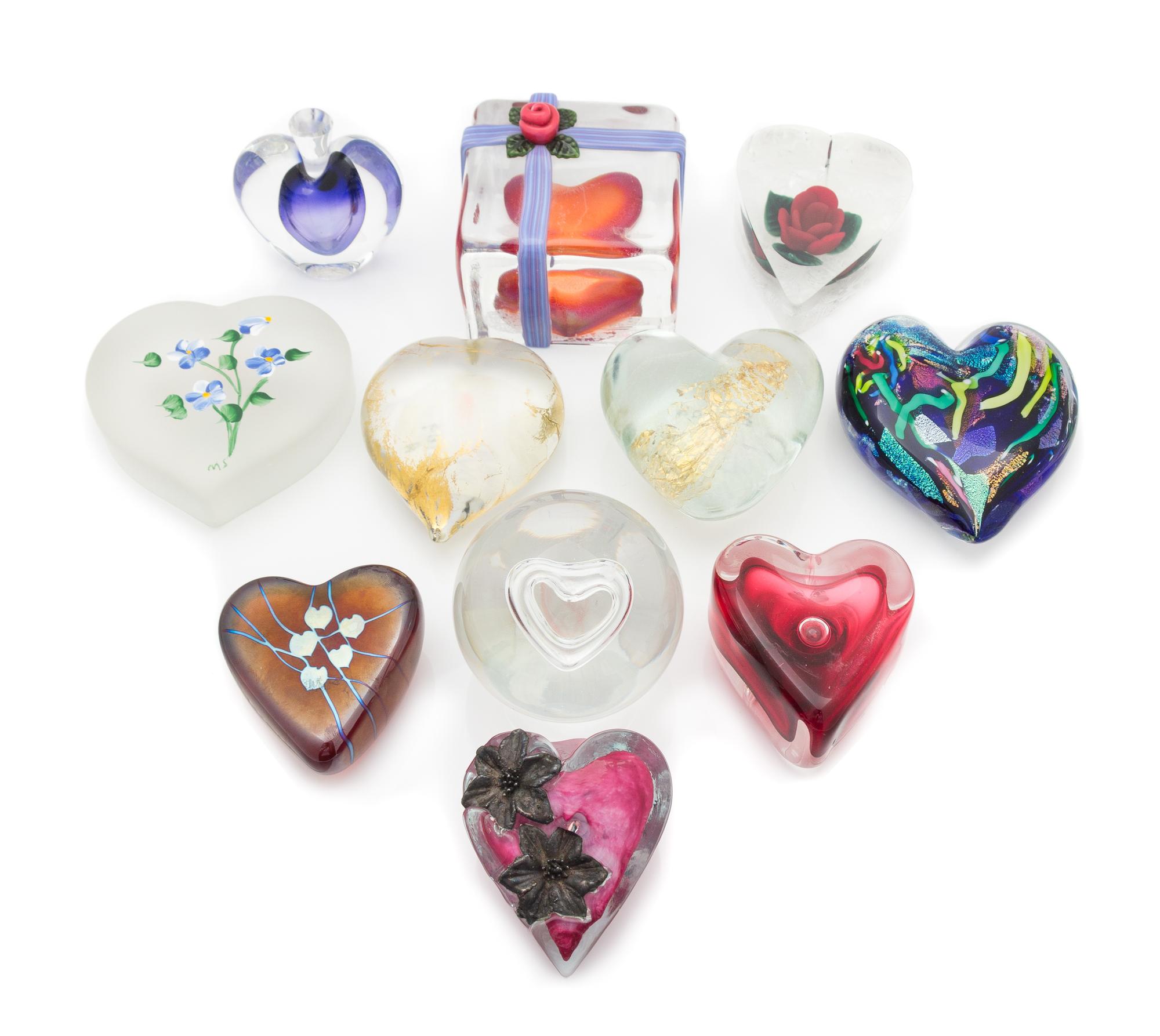 Eleven Heart Shaped Paperweights Diameter of largest 3 1/4 inches — 20TH CENTURY