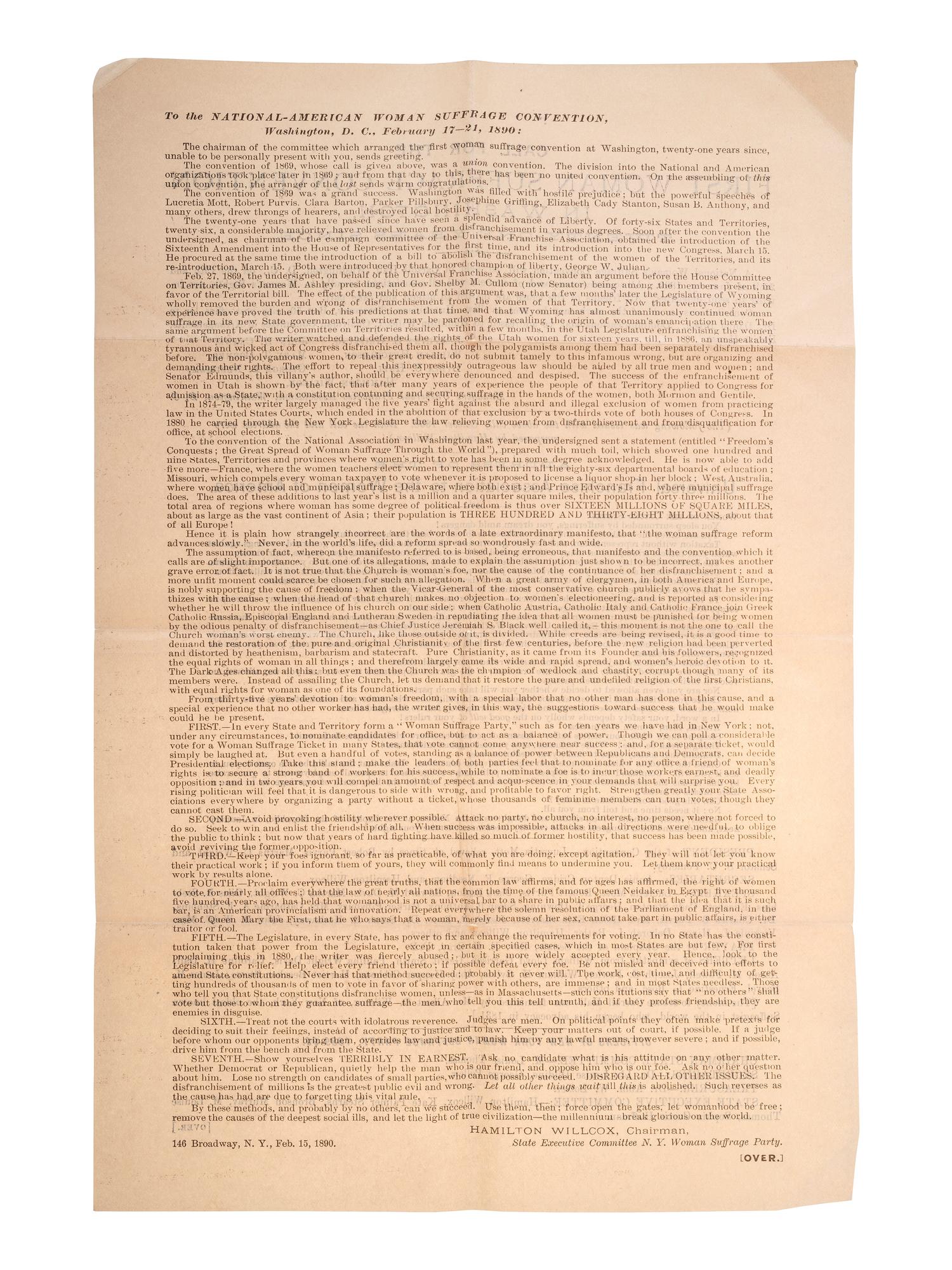 [WOMEN'S SUFFRAGE]. ANTHONY, Susan B. (1820-1906). The Status of Woman, Past, Present, and Future. [Boston?]: [Arena Publishing Co.], 1897. INSCRIBED BY ANTHONY.