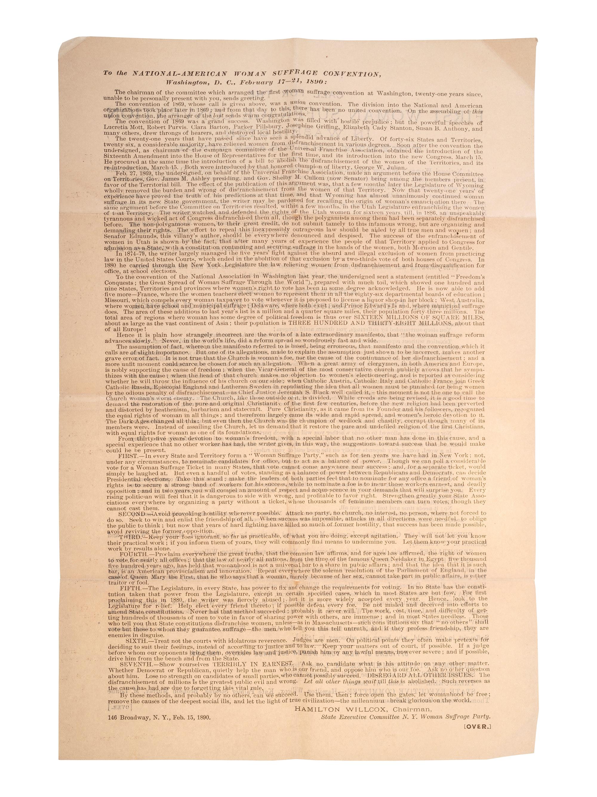 [WOMEN'S SUFFRAGE]. ANTHONY, Susan B. (1820-1906). The Status of Woman, Past, Present, and Future. [Boston?]: [Arena Publishing Co.], 1897. INSCRIBED BY ANTHONY.