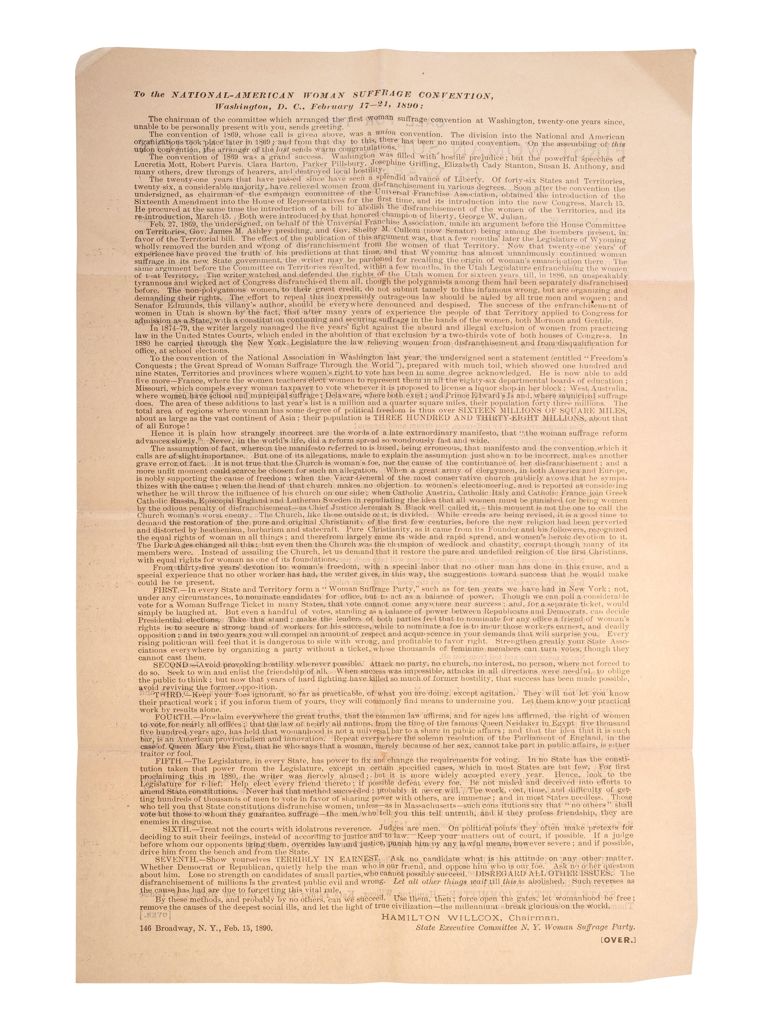 [WOMEN'S SUFFRAGE]. ANTHONY, Susan B. (1820-1906). The Status of Woman, Past, Present, and Future. [Boston?]: [Arena Publishing Co.], 1897. INSCRIBED BY ANTHONY.