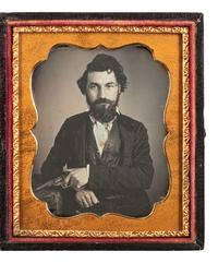 [MINING - EARLY PHOTOGRAPHY]. Sixth plate daguerreotype of a likely California gent holding a Colt "Baby Dragoon" and wearing a gold nugget stickpin.