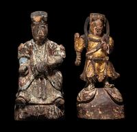 Two Chinese Carved Wood Figures of Guardians