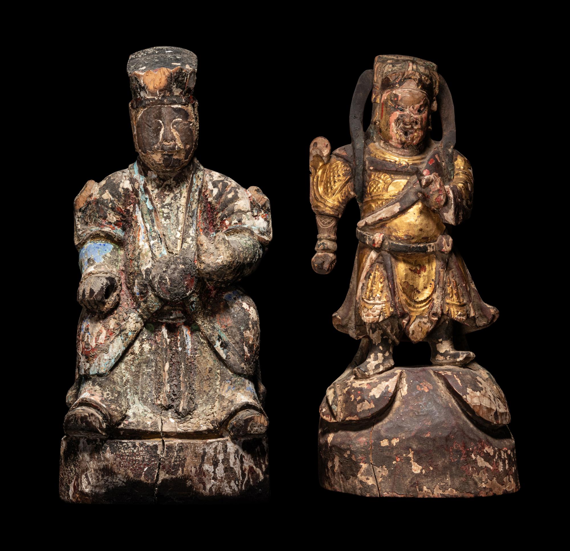 Two Chinese Carved Wood Figures of Guardians