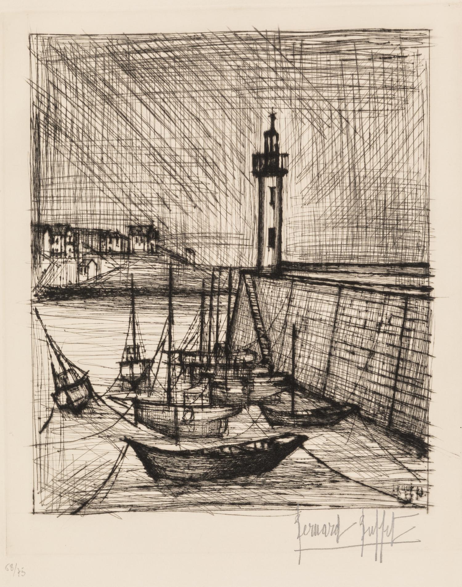 Bernard Buffet, (French, 1928-1999), Vase of Flowers and Fishing Village