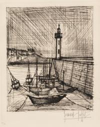 Bernard Buffet, (French, 1928-1999), Vase of Flowers and Fishing Village