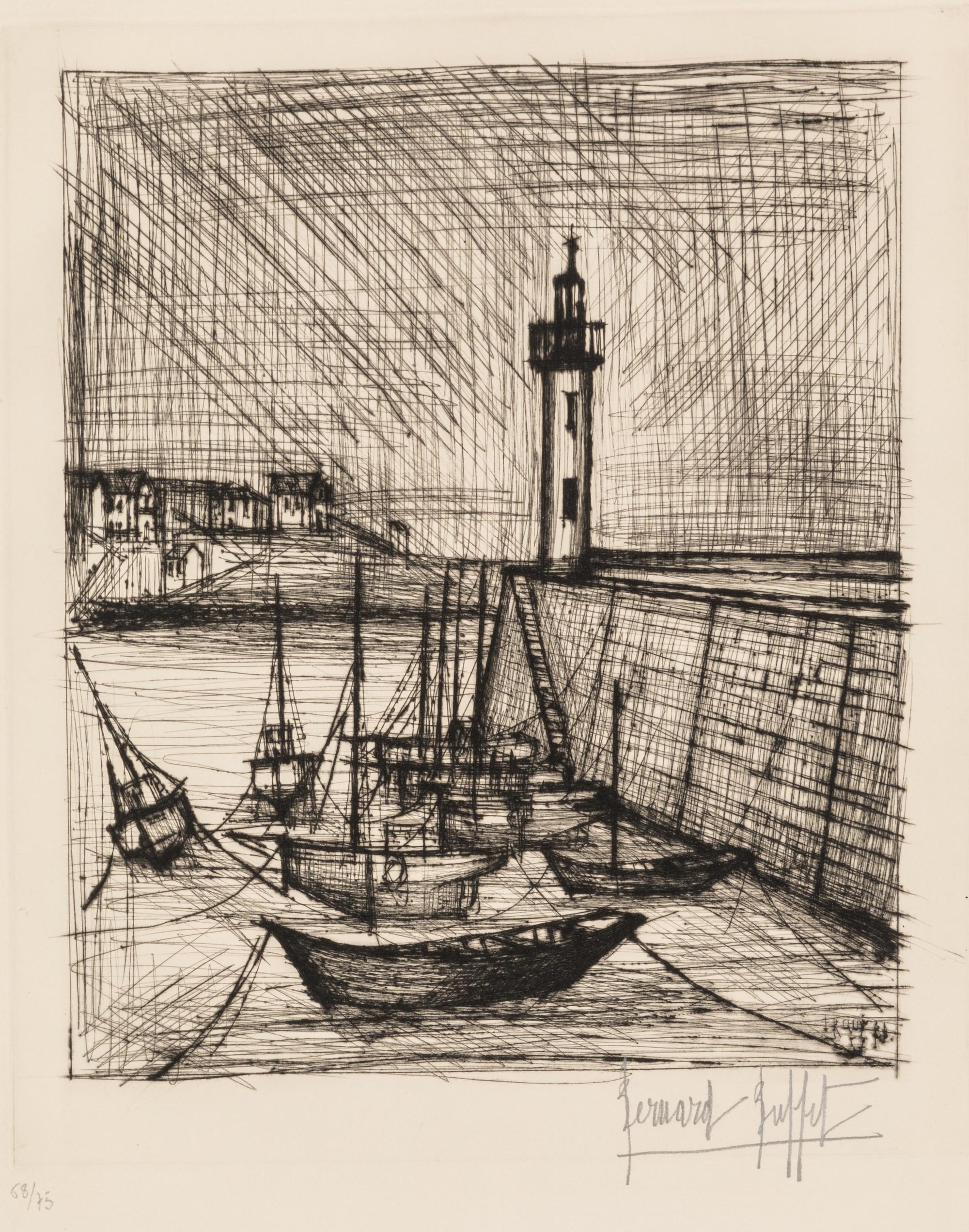 Bernard Buffet, (French, 1928-1999), Vase of Flowers and Fishing Village