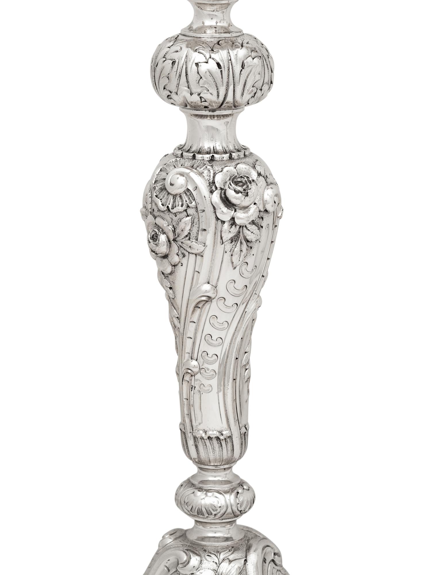 A Pair of Tiffany and Co. Silver Five-Light Candelabra