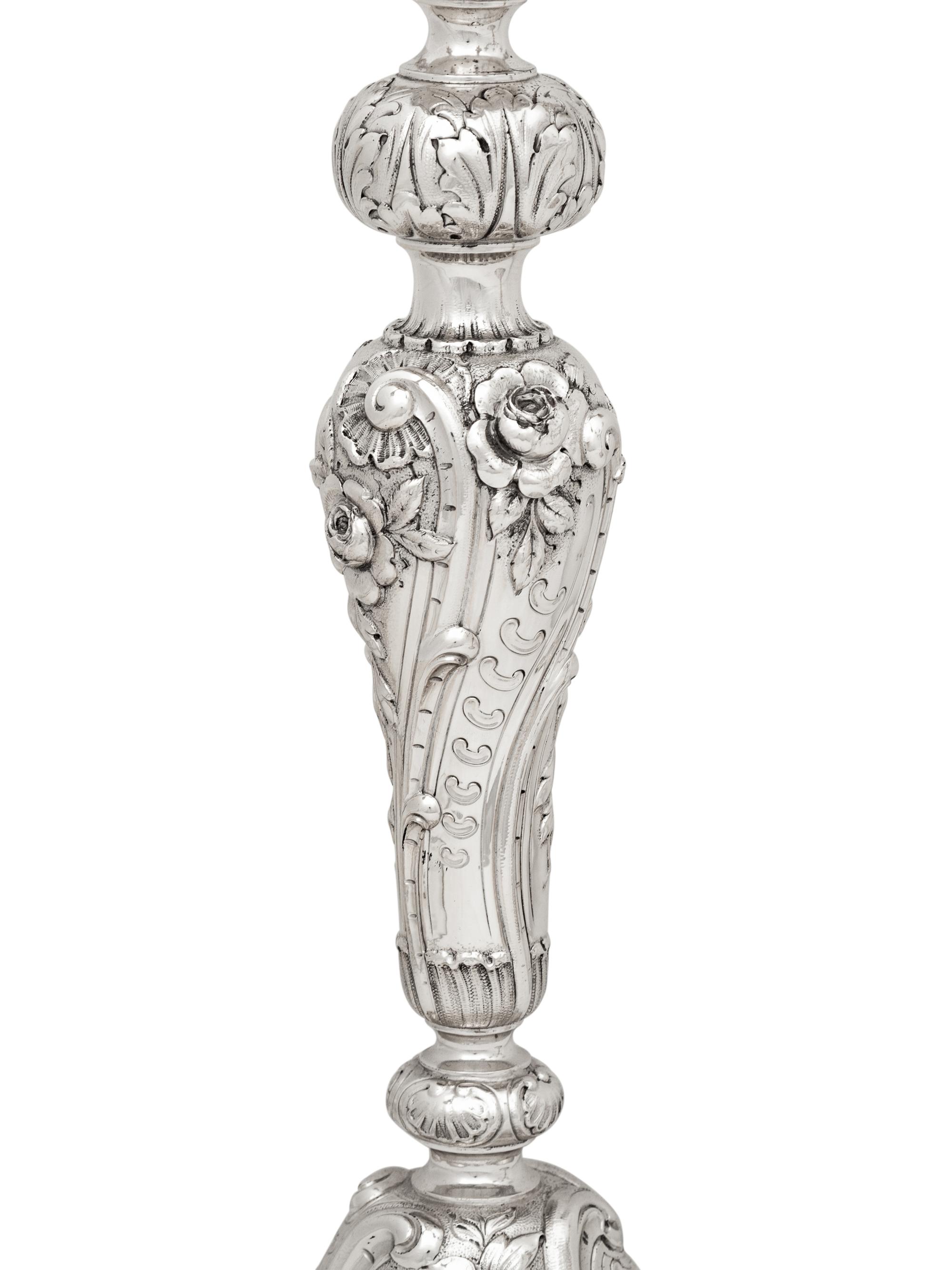 A Pair of Tiffany and Co. Silver Five-Light Candelabra