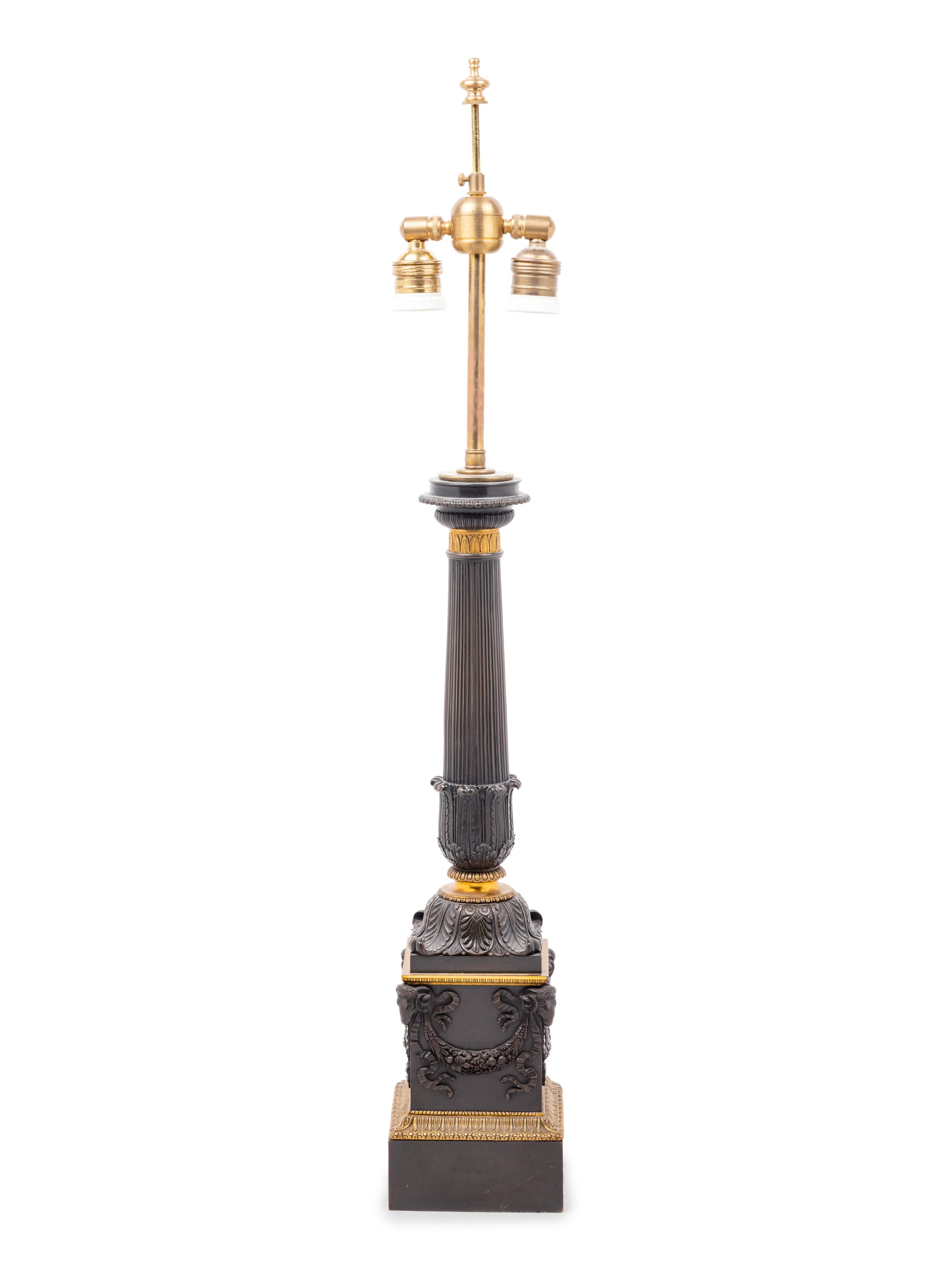 A Charles X Gilt and Patinated Bronze Oil Lamp Converted to Electricity