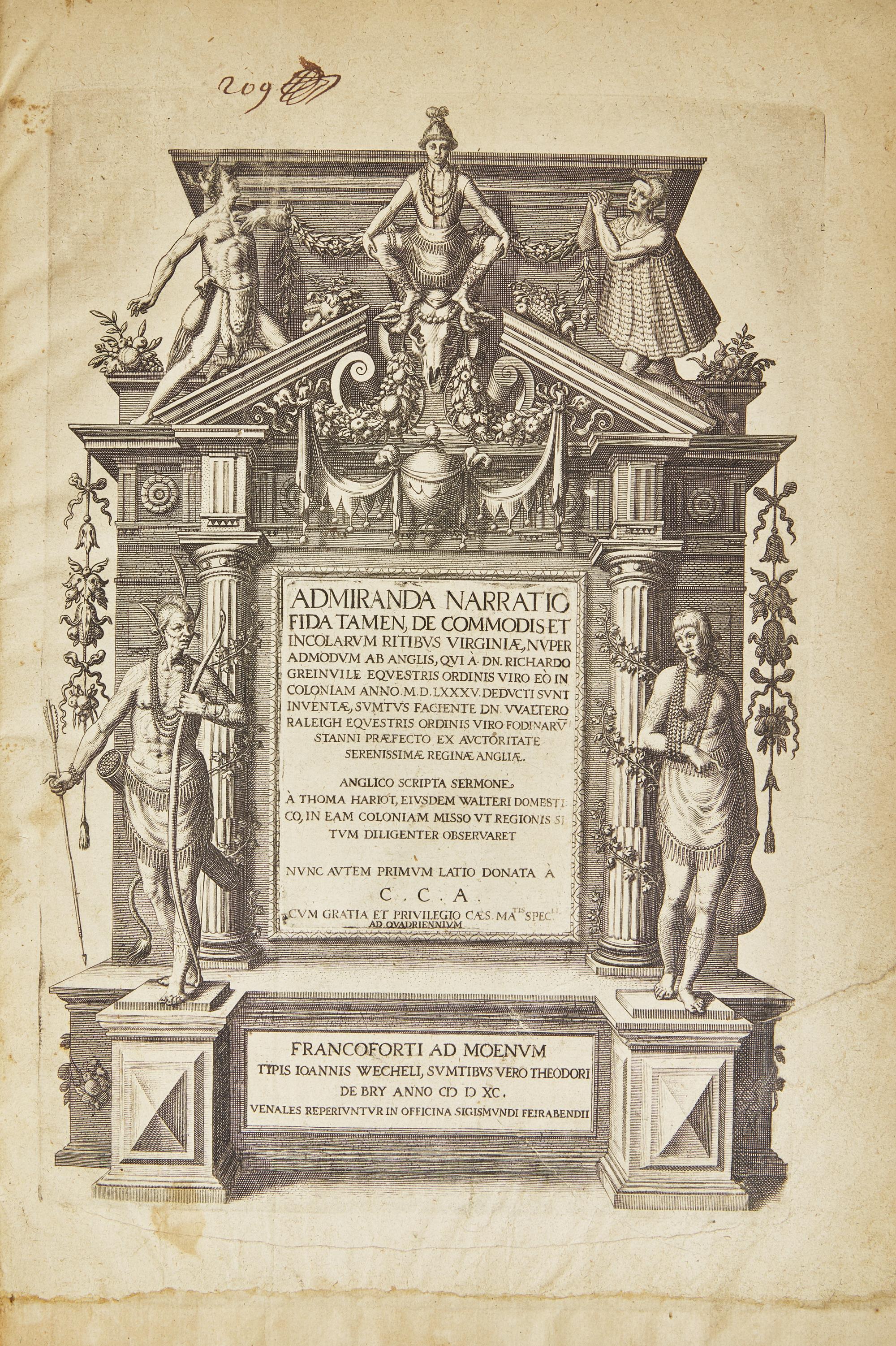 [Bry, Theodor de] Hariot, Thomas. Admiranda narratio fida tamen, de commodis et incolarum ritibus Virginiae... (Part One, in Latin, of De Bry's Great Voyages)