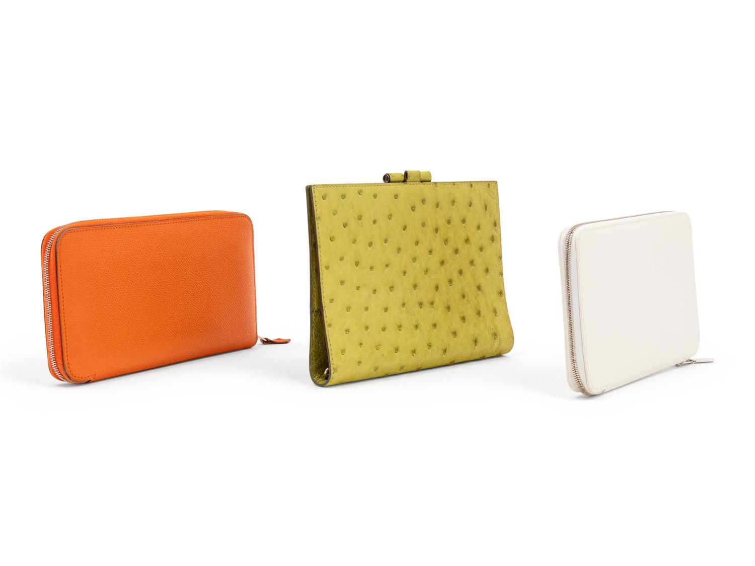 Three Hermès Items: One Ostrich Folio and Two Leather Zip Wallets, 2000-2008