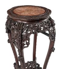 Two Chinese Carved Hardwood Marble-Inset Pedestals