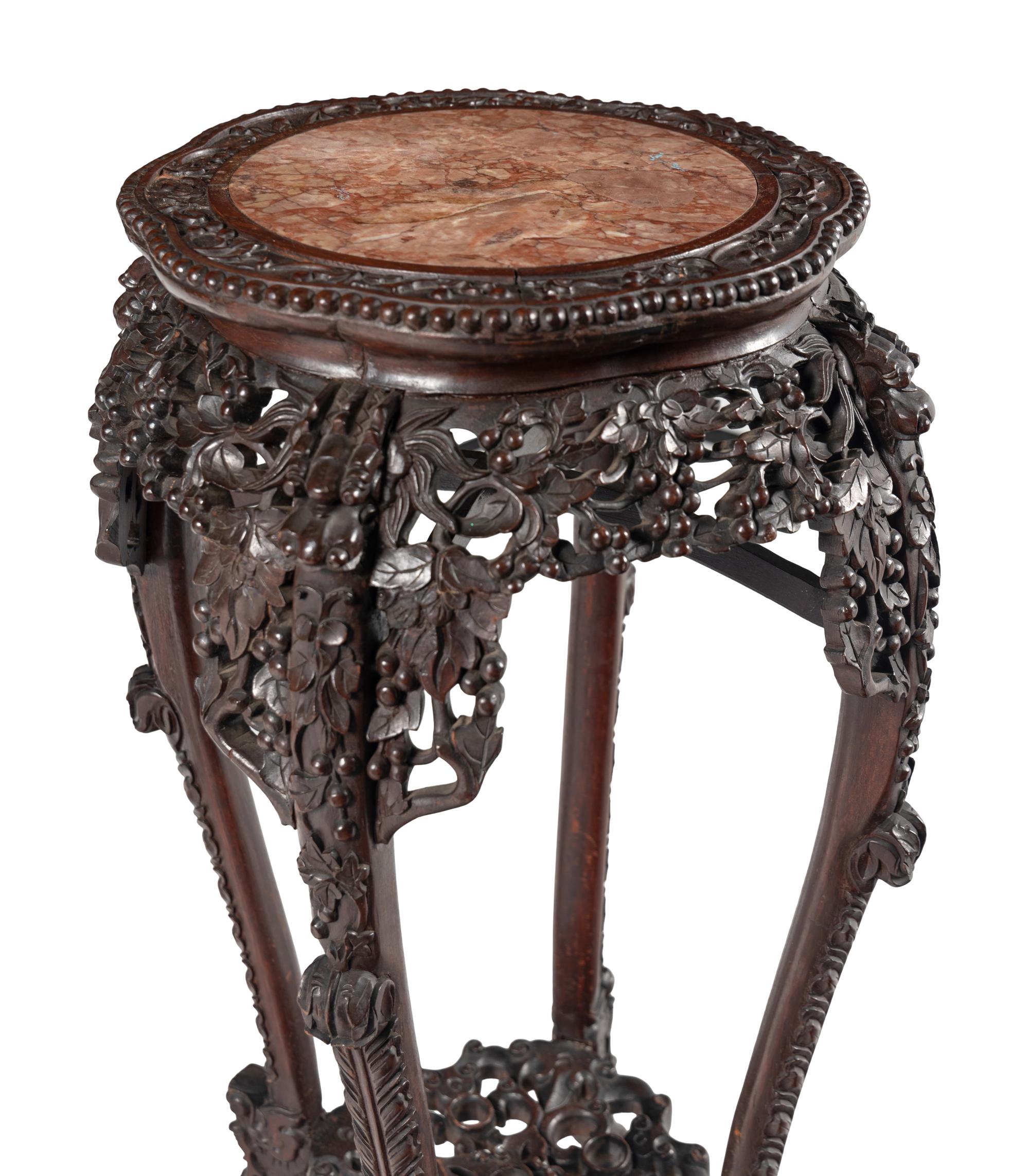 Two Chinese Carved Hardwood Marble-Inset Pedestals