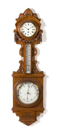 An English Carved Oak Clock and Barometer, Height 43 inches.