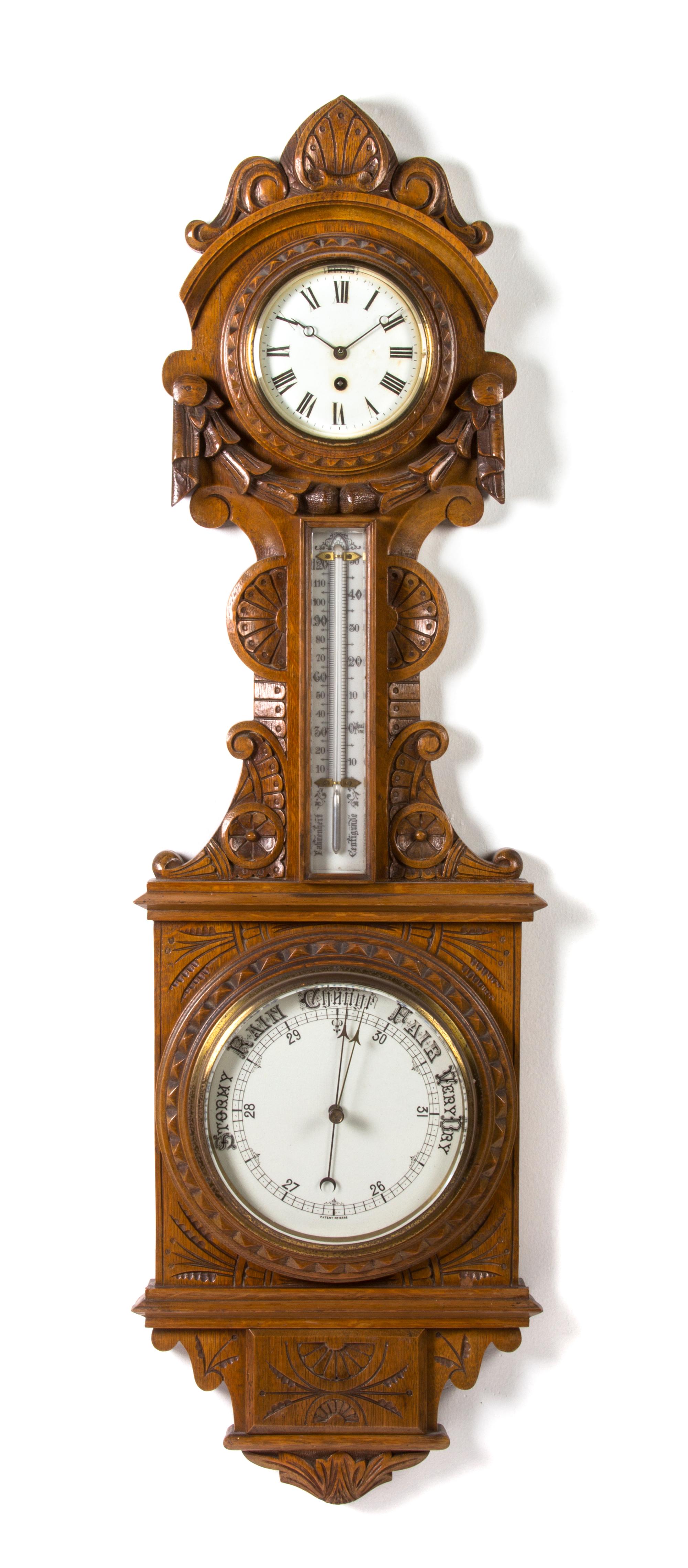 An English Carved Oak Clock and Barometer, Height 43 inches.