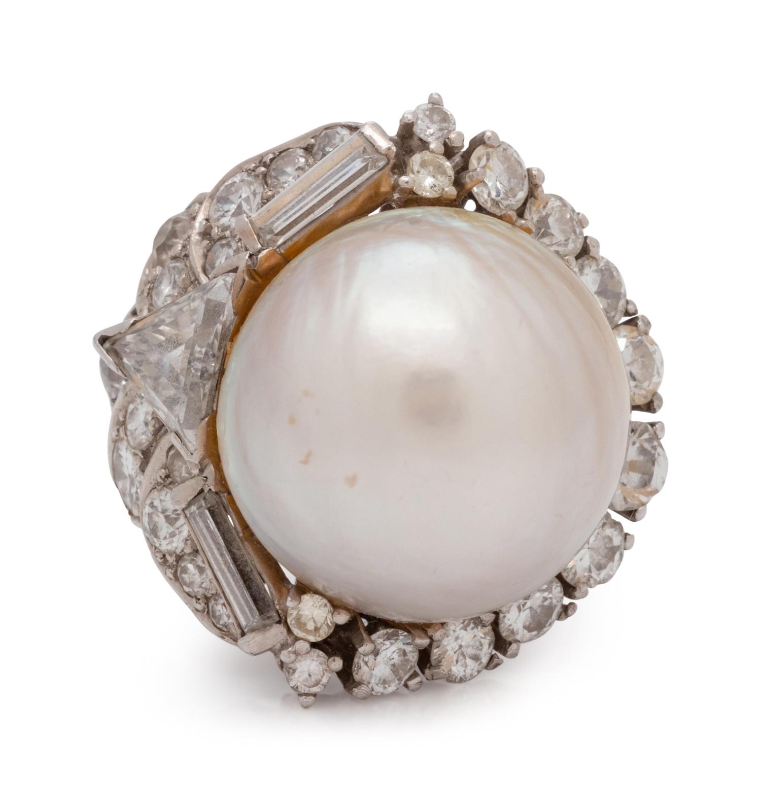 A Platinum, White Gold, Cultured Pearl and Diamond Ring,