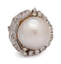 A Platinum, White Gold, Cultured Pearl and Diamond Ring,