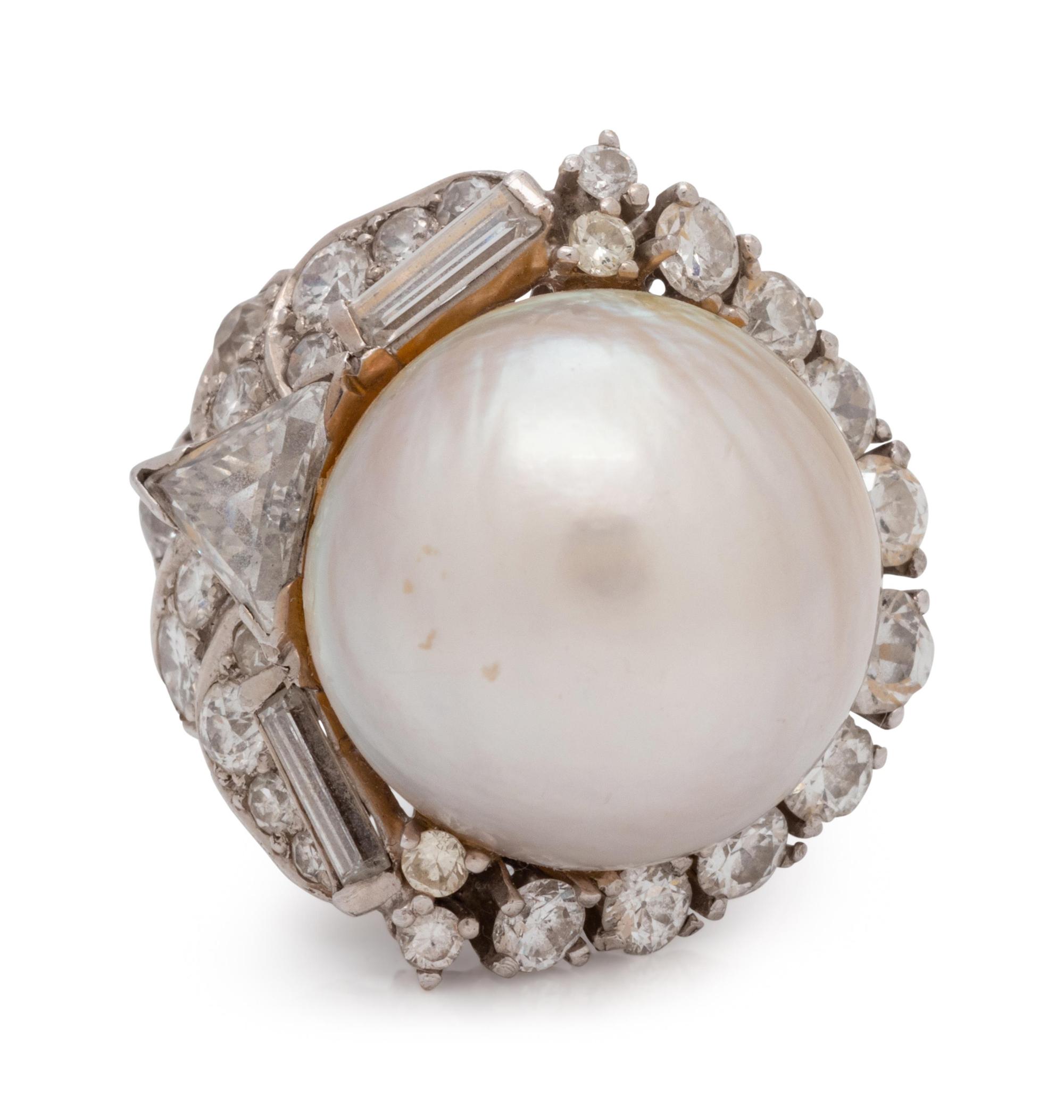 A Platinum, White Gold, Cultured Pearl and Diamond Ring,