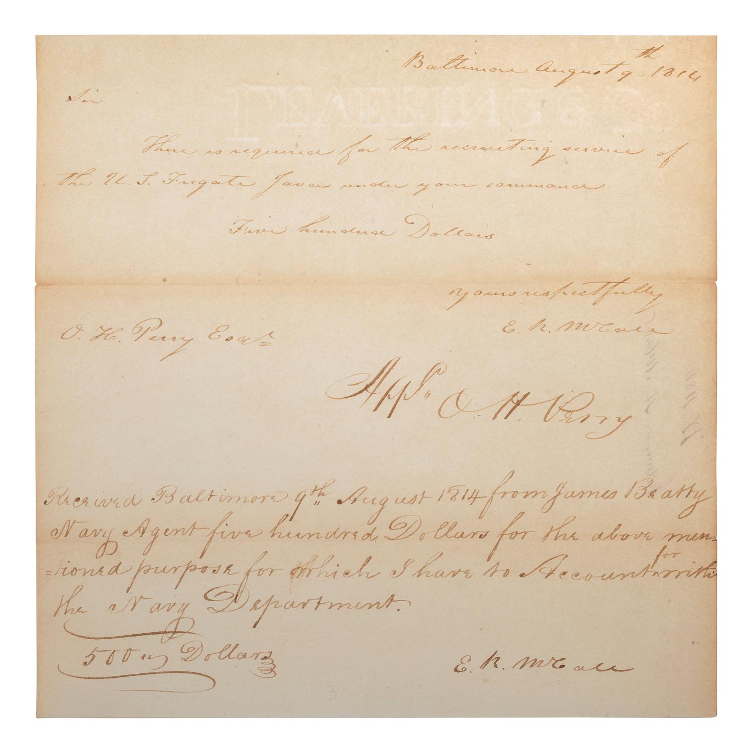 PERRY, Oliver Hazard (1785-1819). Signature ("O. H. Perry"), accomplished beneath a manuscript note from E. R. McCall. Baltimore, 19 August 1814. 1 page, 4to .