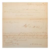PERRY, Oliver Hazard (1785-1819). Signature ("O. H. Perry"), accomplished beneath a manuscript note from E. R. McCall. Baltimore, 19 August 1814. 1 page, 4to .