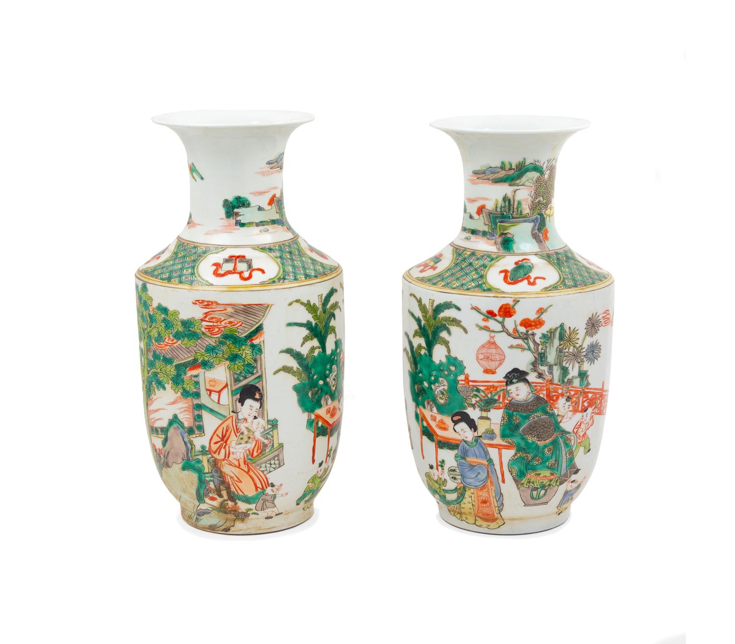 A Pair of Chinese Famille Verte Porcelain Vases Height 17 inches. — 20TH CENTURY