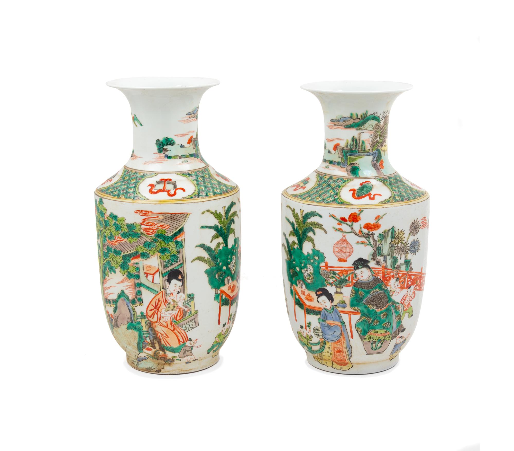 A Pair of Chinese Famille Verte Porcelain Vases Height 17 inches. — 20TH CENTURY