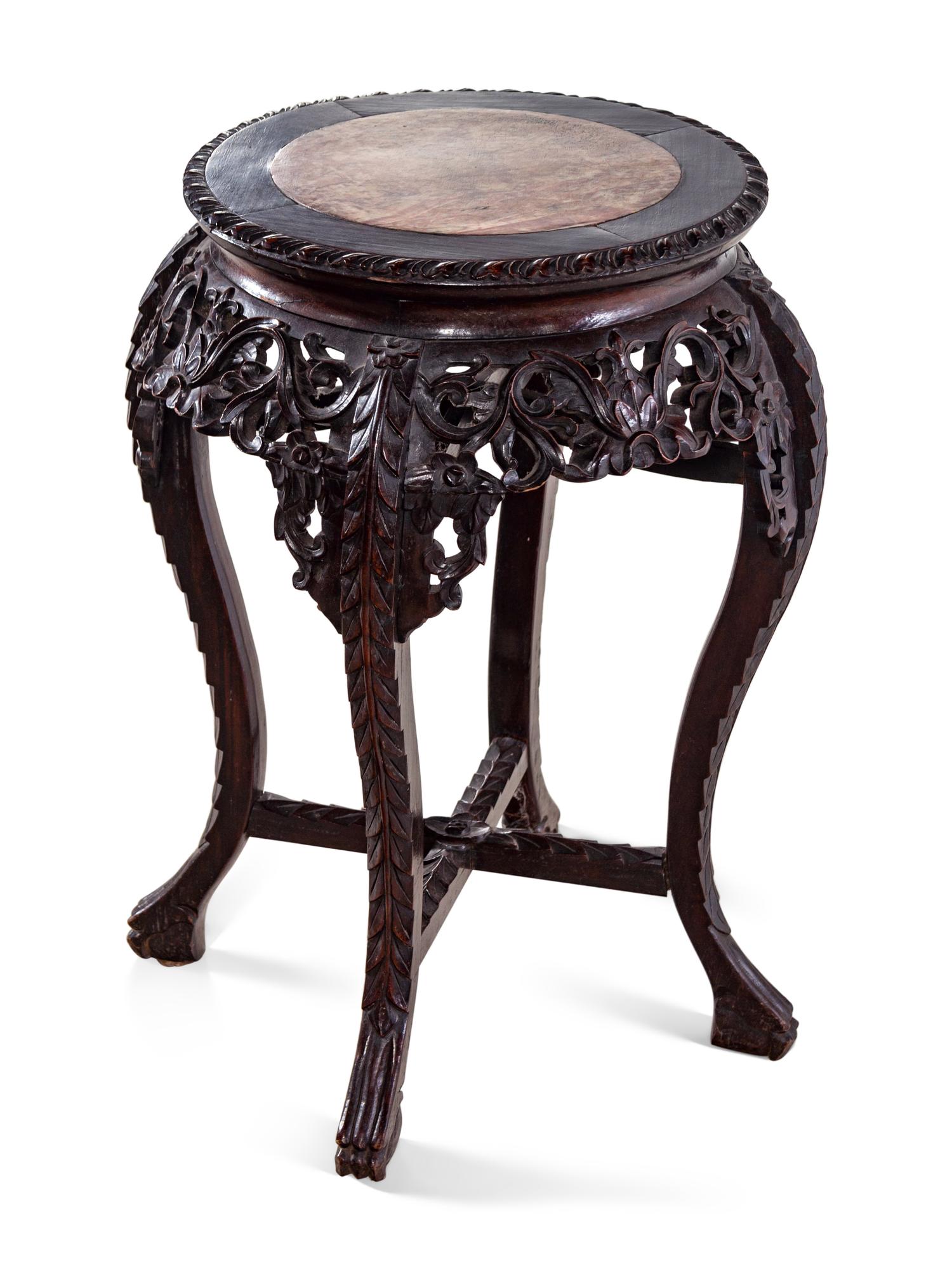 A Chinese Marble-Inset Carved Hardwood Stand