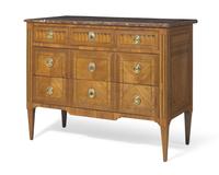 A French Directoire parquetry mahogany commode with red breccia marble top, circa 1800