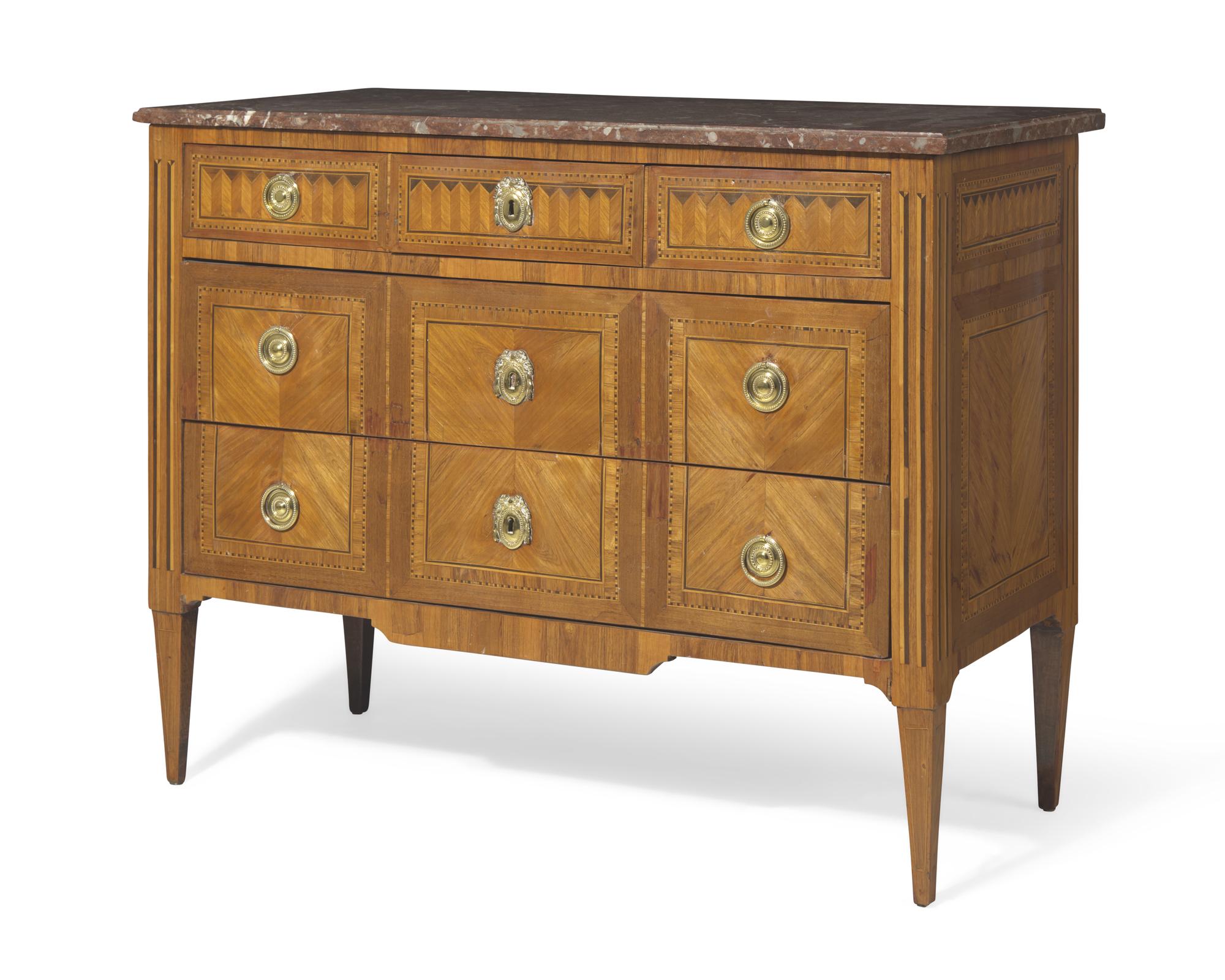 A French Directoire parquetry mahogany commode with red breccia marble top, circa 1800