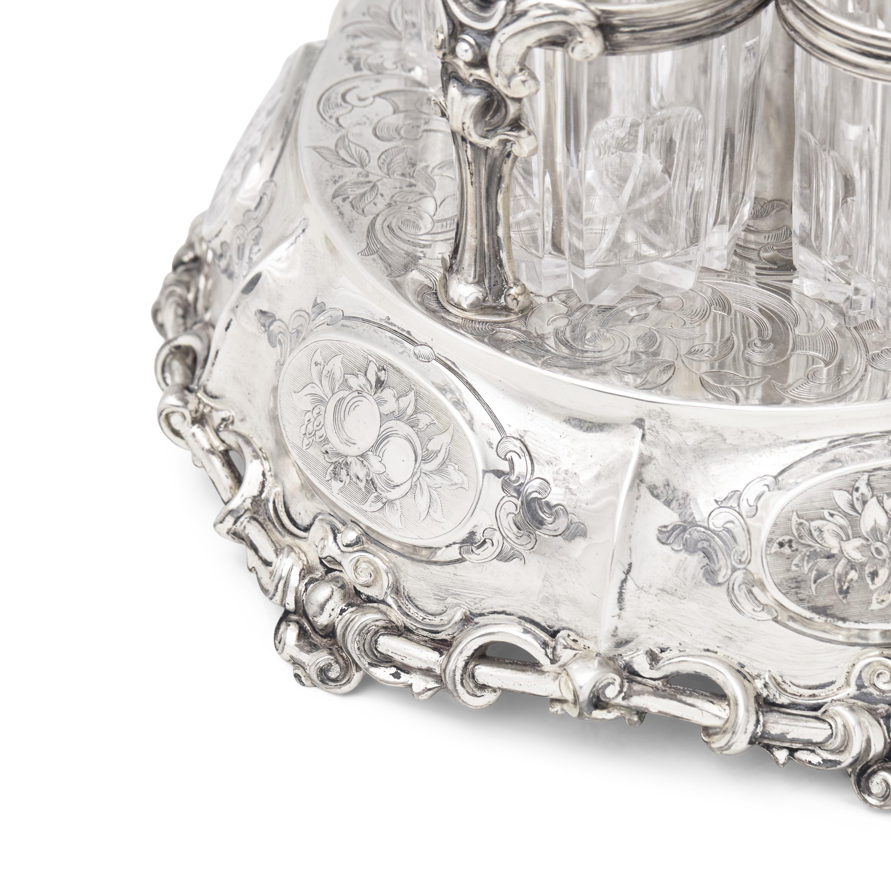 A Large and Impressive Victorian Silver and Cut Glass Cruet Set