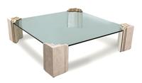 A Contemporary Tesselated Stone and Brass Glass Top Coffee Table Height 17 x squared diameter 63 1/2 inches. — 20TH CENTURY