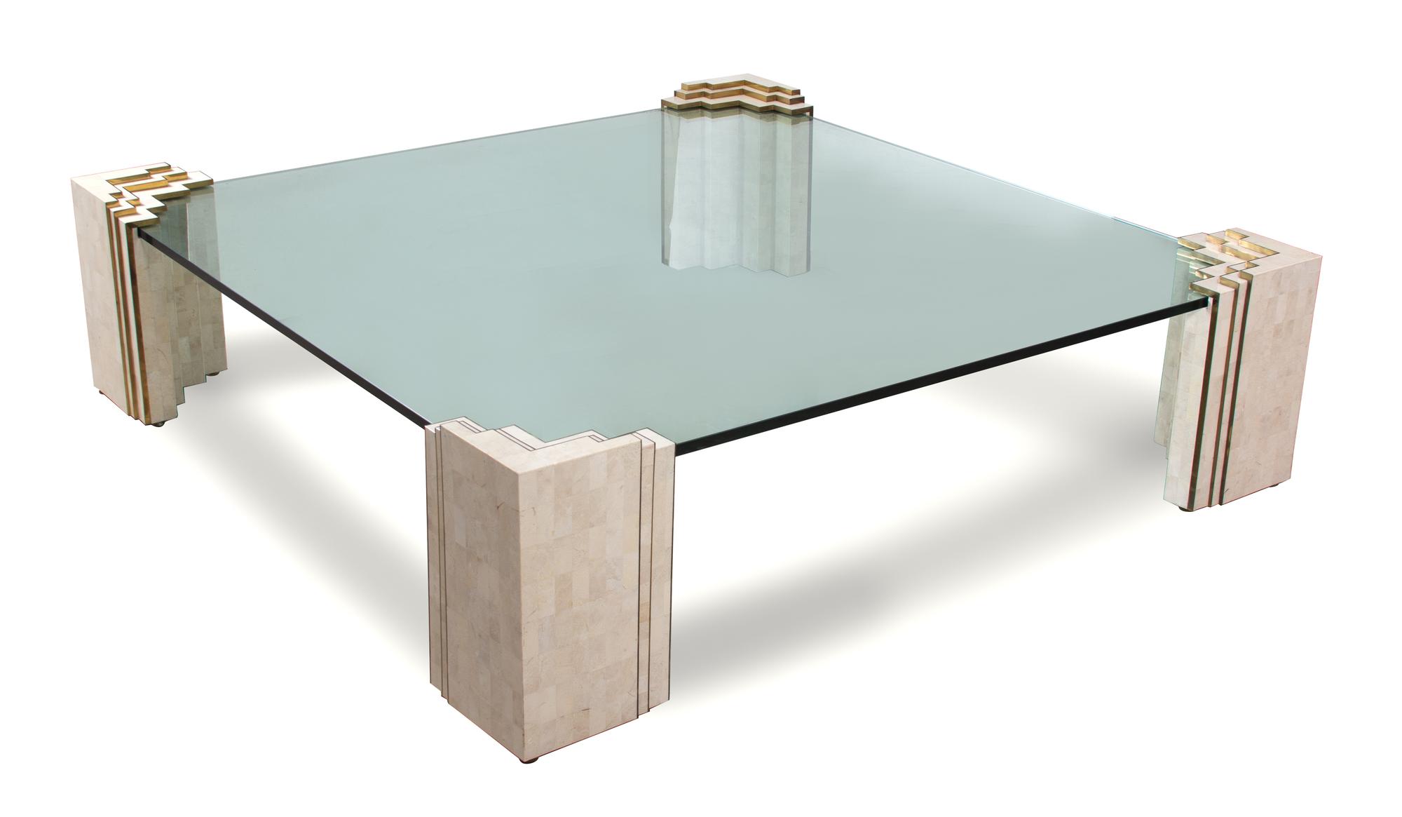 A Contemporary Tesselated Stone and Brass Glass Top Coffee Table Height 17 x squared diameter 63 1/2 inches. — 20TH CENTURY