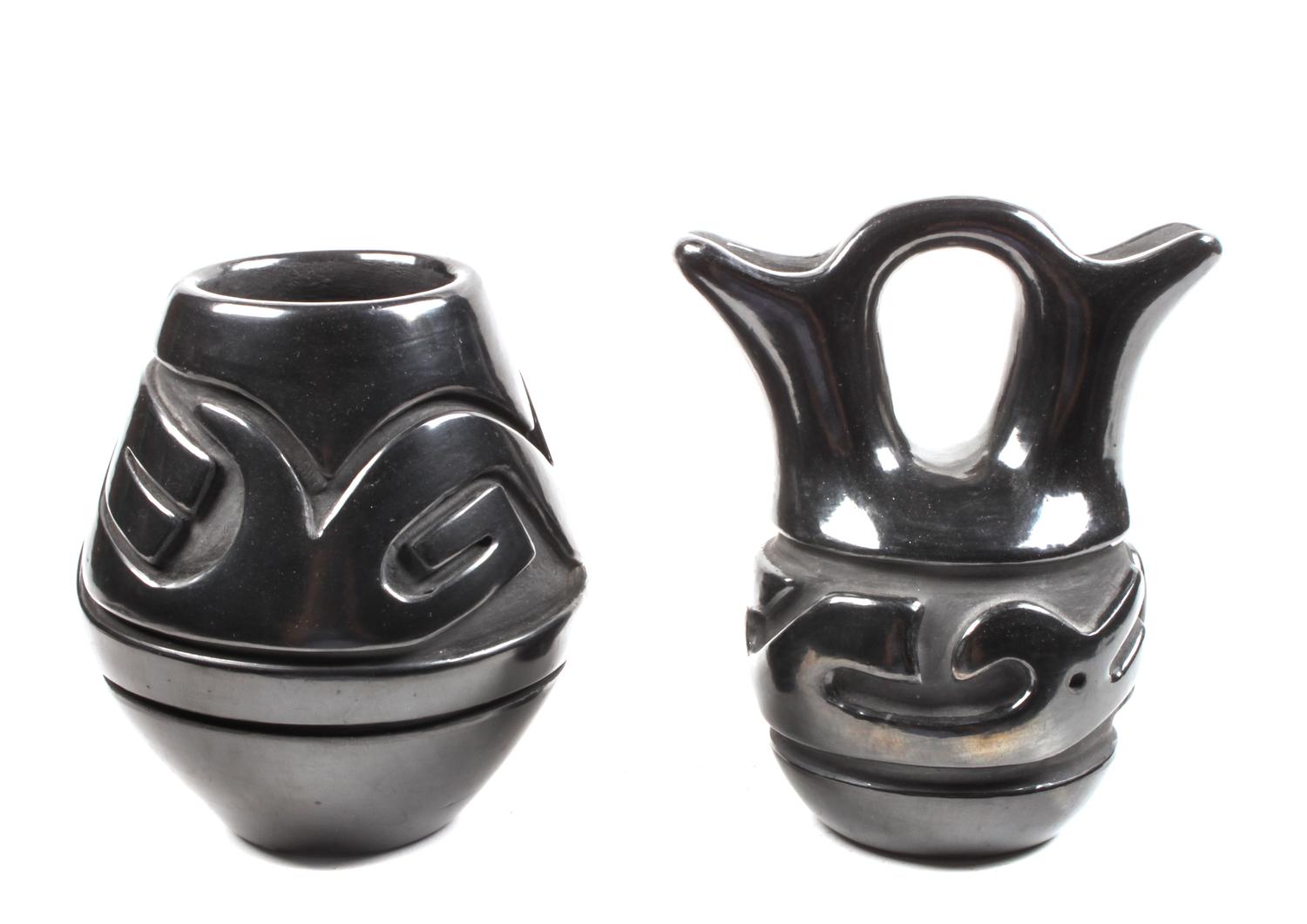 Two Santa Clara Blackware Vases Height of first 5 1/2 x 4 1/4 inches