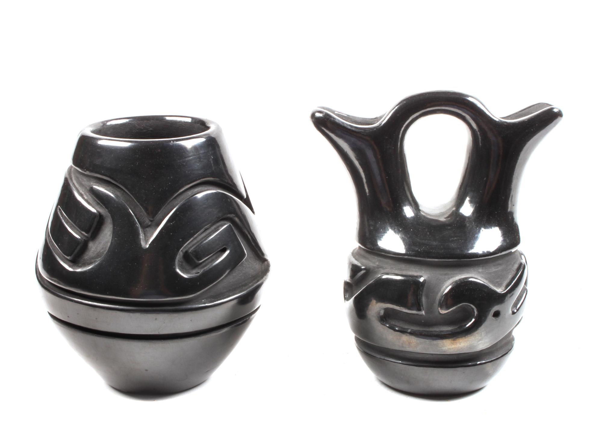 Two Santa Clara Blackware Vases Height of first 5 1/2 x 4 1/4 inches