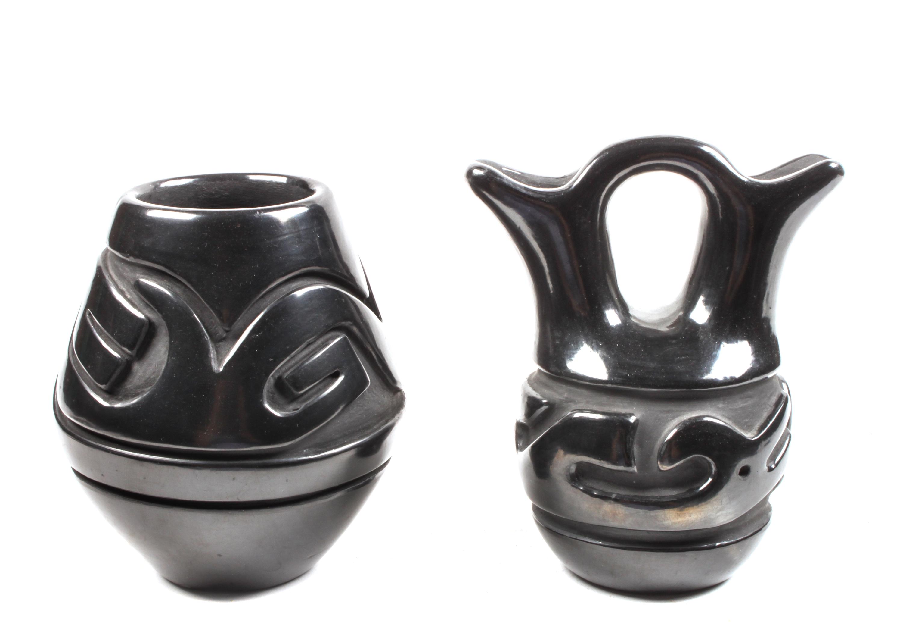Two Santa Clara Blackware Vases Height of first 5 1/2 x 4 1/4 inches