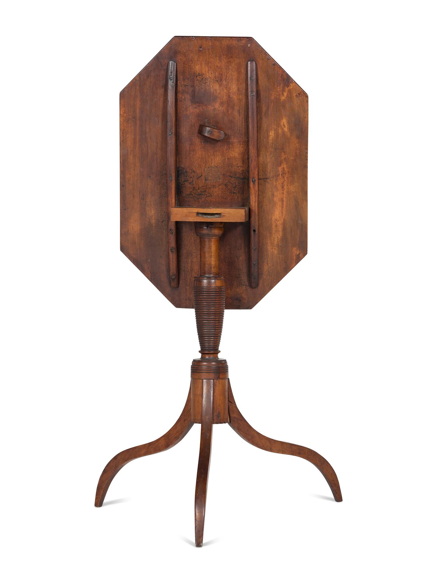 A Late Federal Turned and Chip-Carved Cherrywood Octagonal Tilt-Top Candlestand