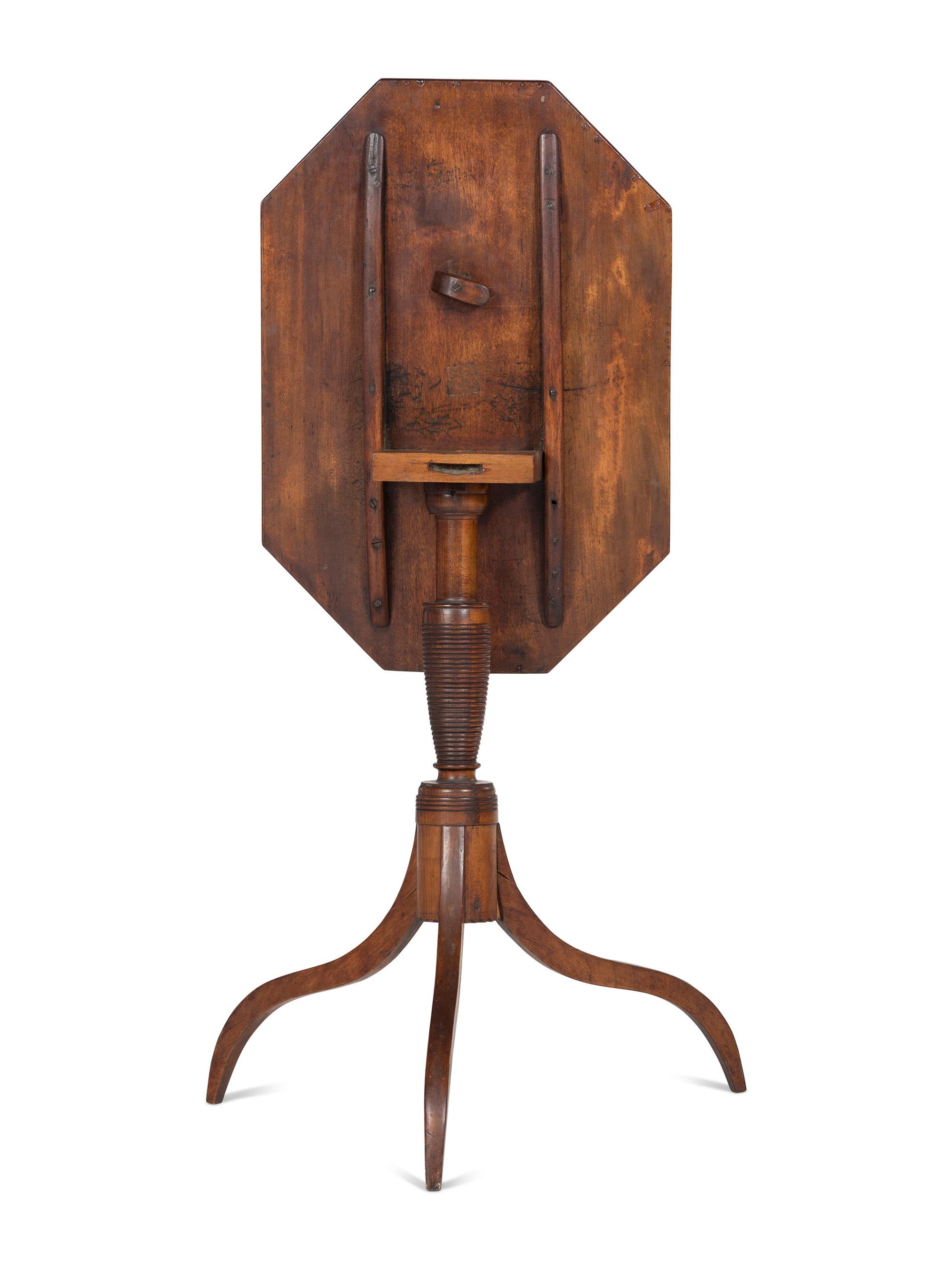 A Late Federal Turned and Chip-Carved Cherrywood Octagonal Tilt-Top Candlestand